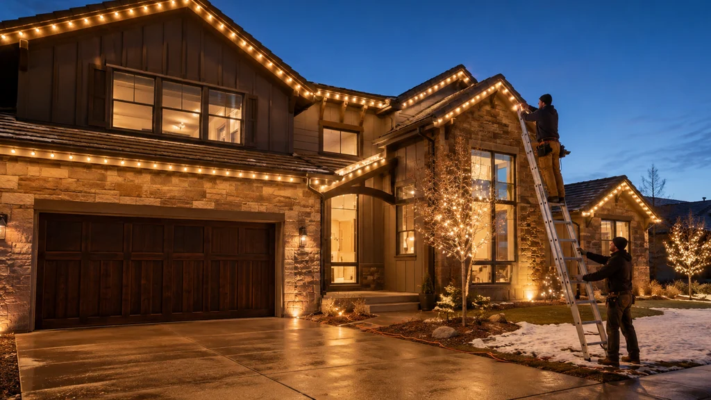 Two installers placing warm-white roofline holiday lights on a Colorado home at dusk