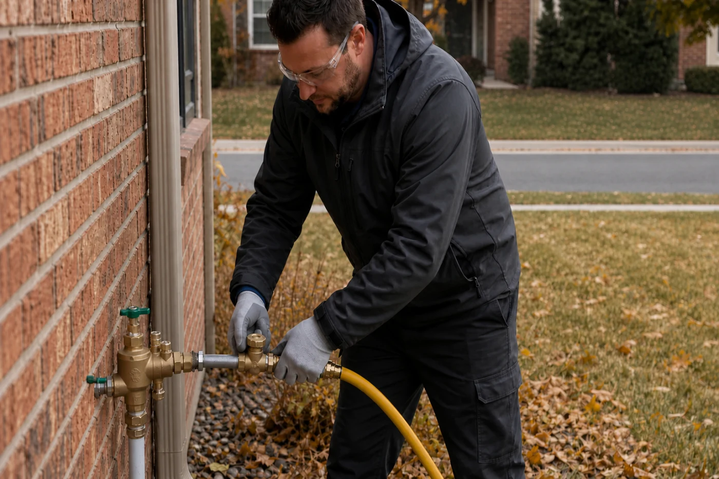 Technician connecting a yellow air hose to a dedicated blowout port downstream of a brass backflow assembly beside a dry residential street